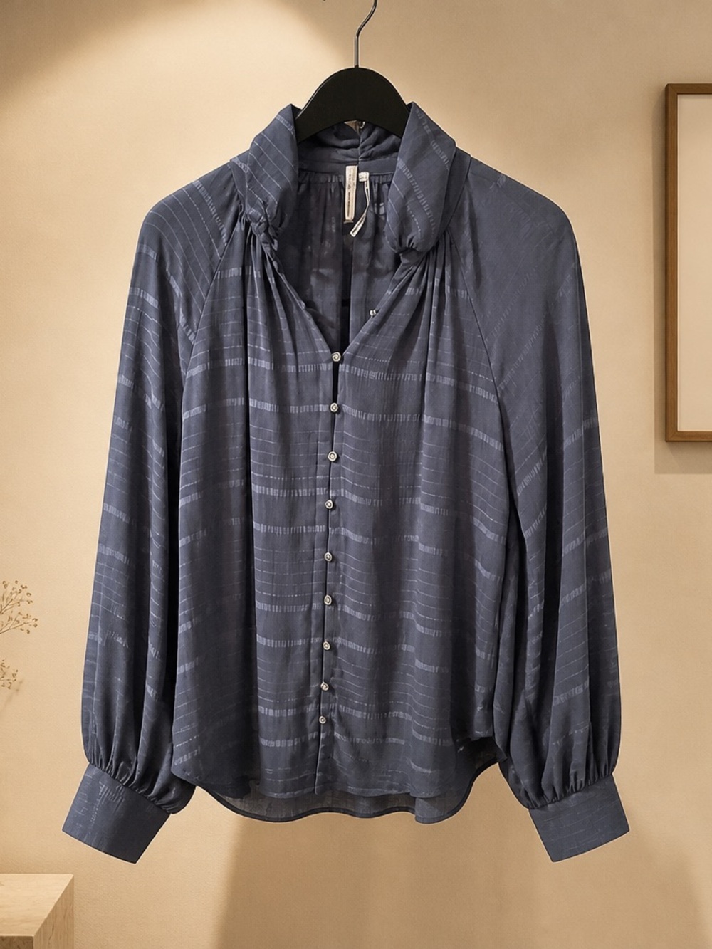 Anthropologie Slate Blue Button-Front Blouse with Gathered Neck